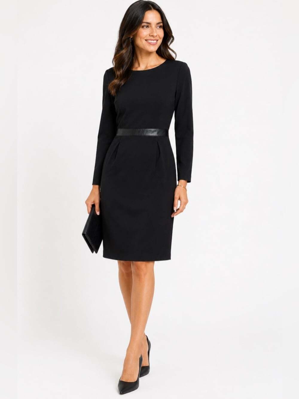 Lauren Ralph Lauren Black Long Sleeved Dress Faux Leather Waist MIDI Dress
